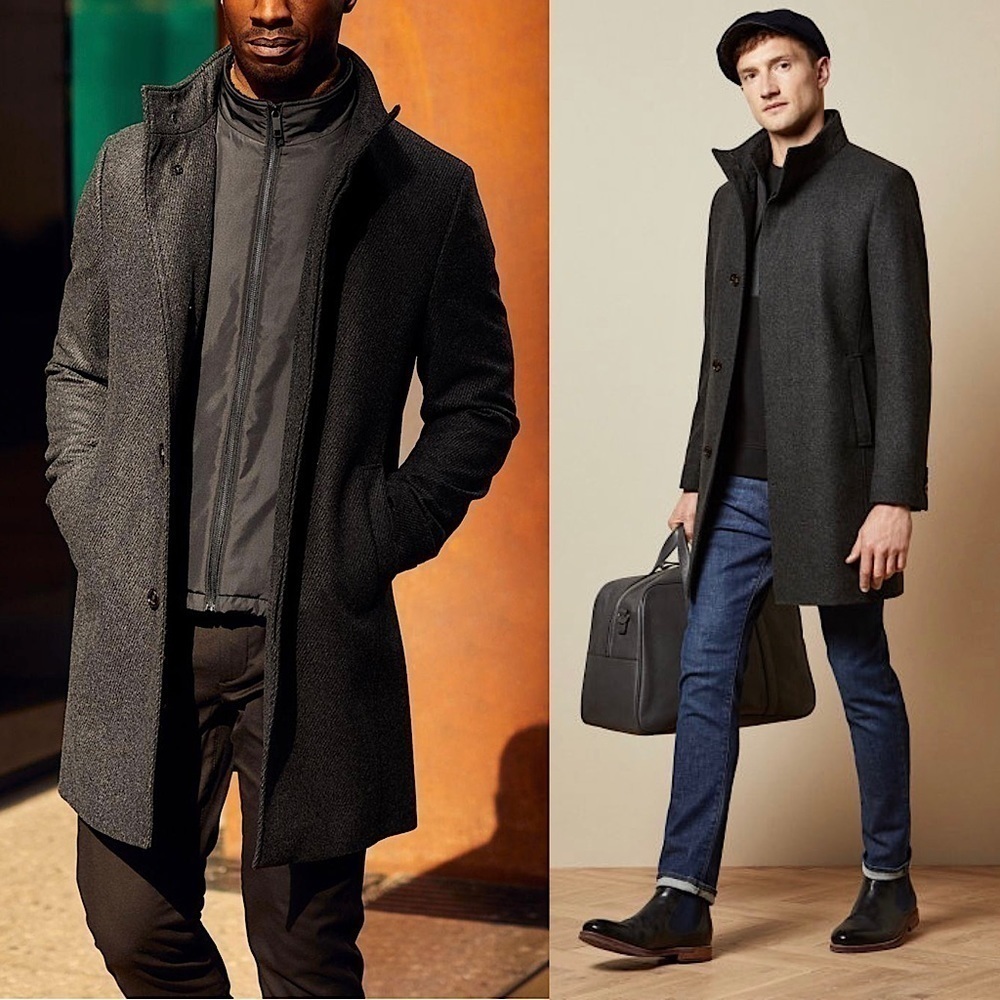 TED BAKER Wool Charcoal Tweed Single Breasted Funnel Neck Shell Panel Coat 44